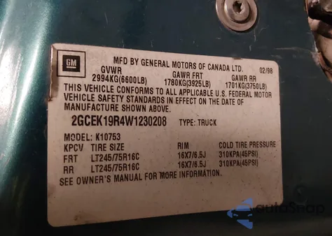 1998 Chevrolet K1500 Fleetside z USA, uszkodzony, nr VIN 2GCEK19R4W1230208